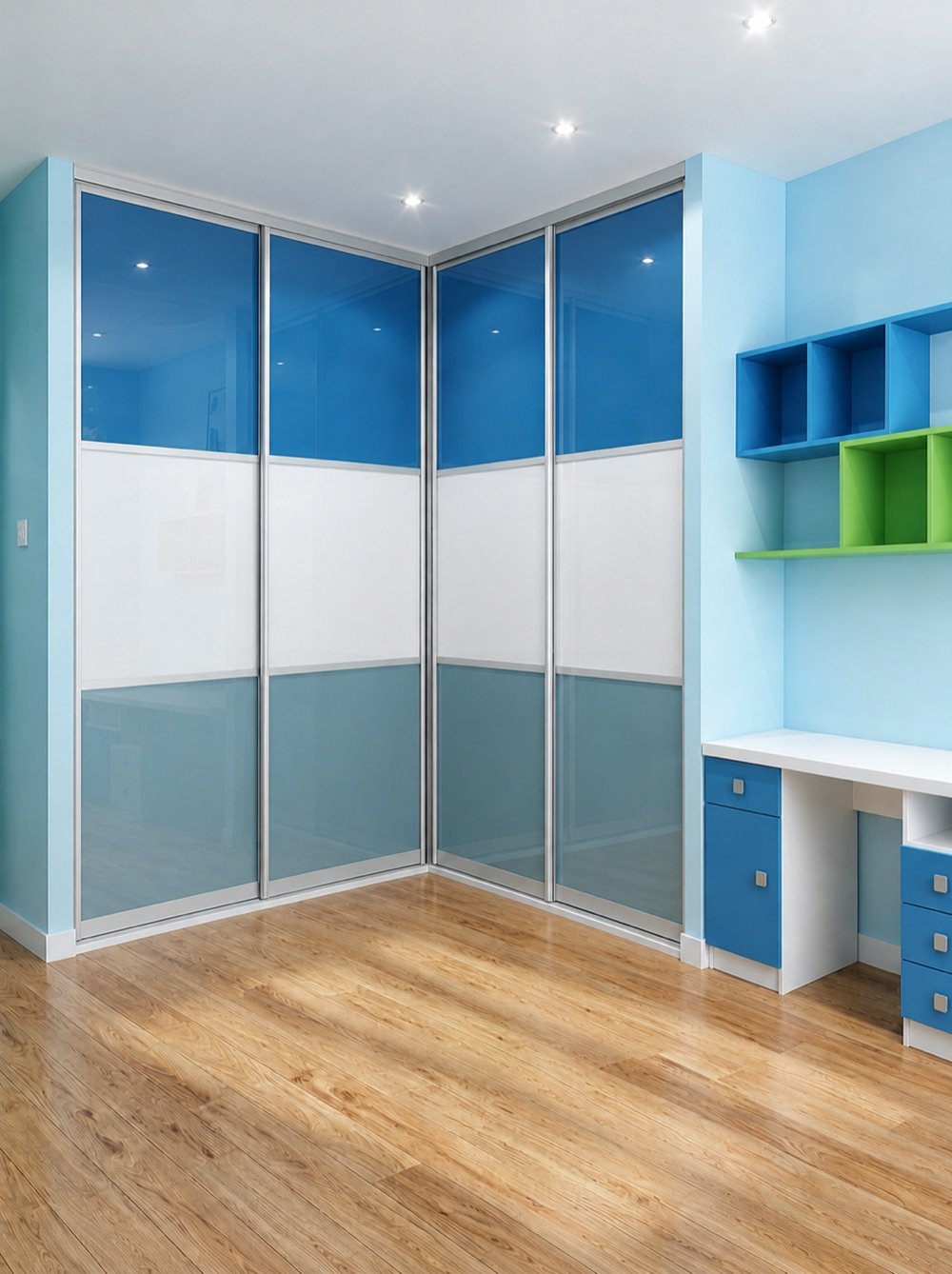 Children's room corner sliding wardrobe with blue and green glass doors and a study desk in Hyderabad