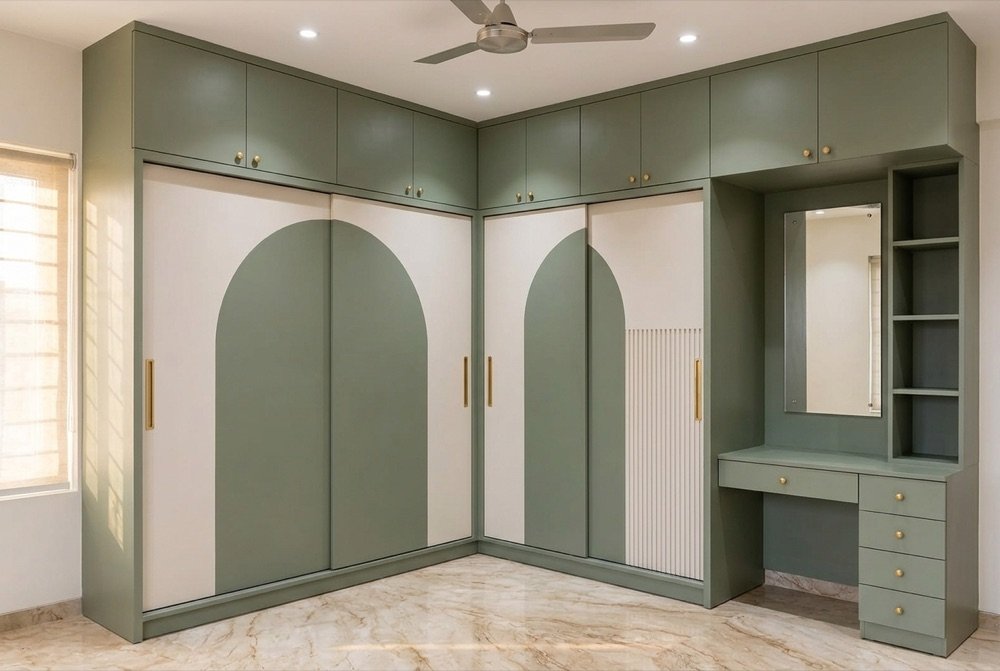 Fitted wardrobe with a dressing unit in a Hyderabad bedroom