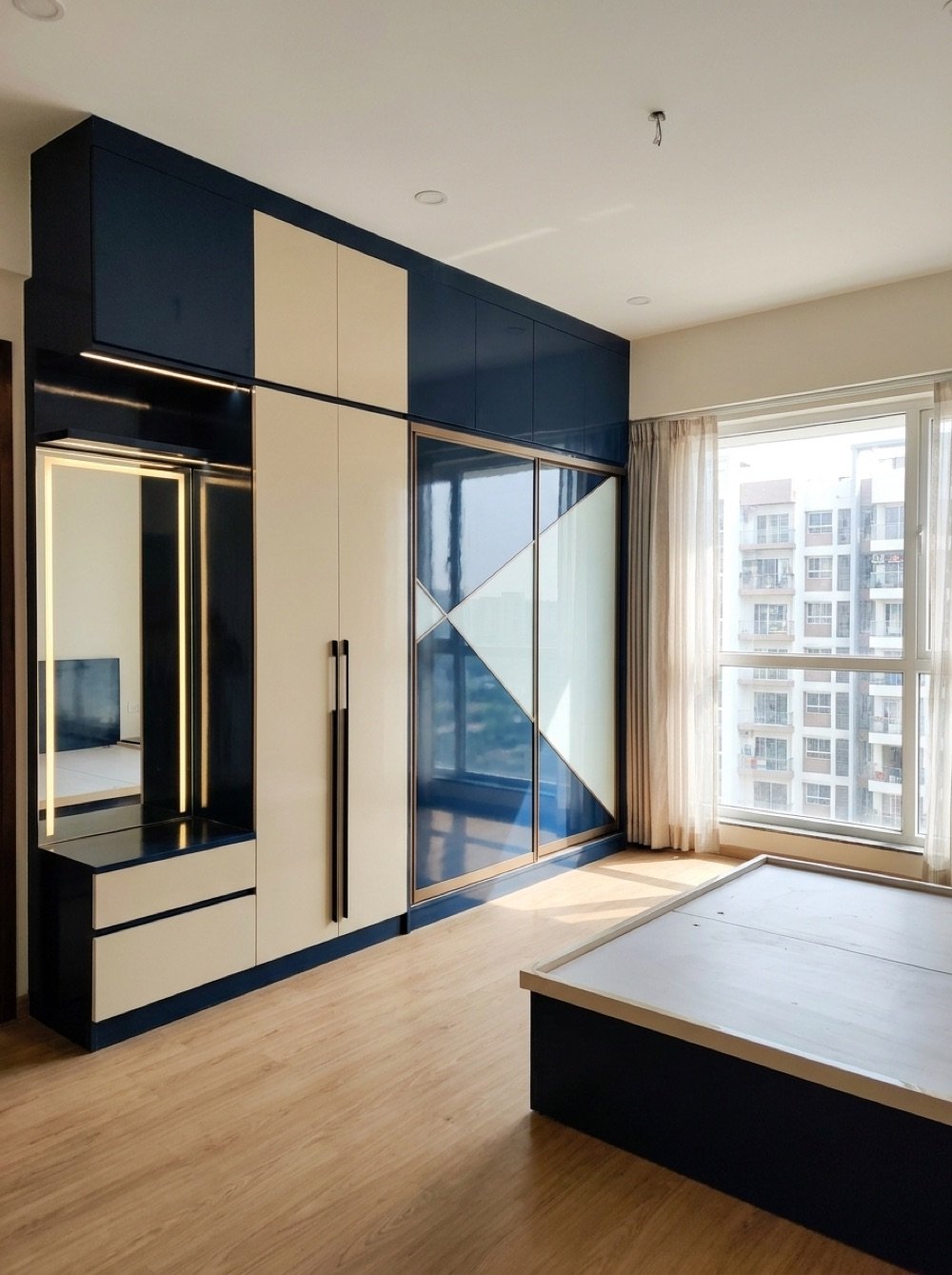 Fitted wardrobe seen within a full bedroom in Hyderabad, with bed, window and flooring