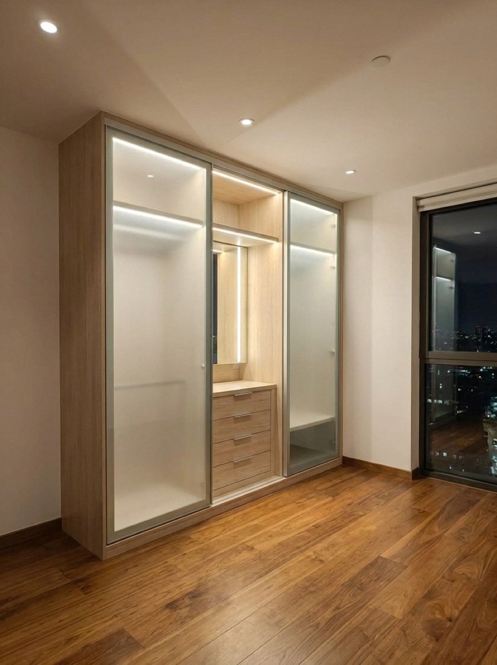Handleless fitted wardrobe with a calm, full-wall design in a Hyderabad bedroom