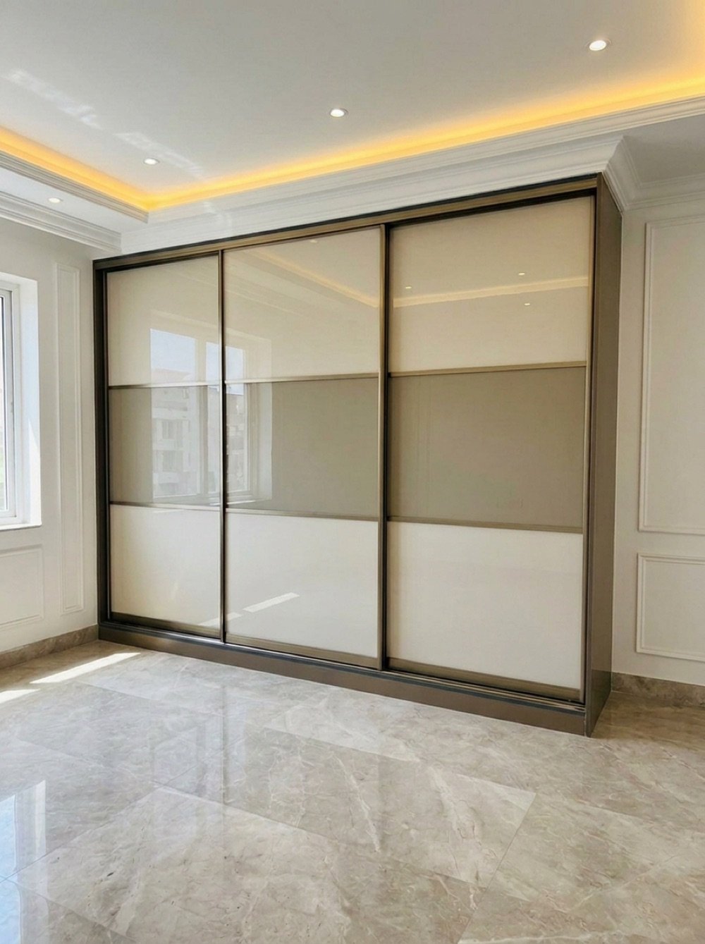 Three-panel sliding soft-close wardrobe with glass doors in a Hyderabad bedroom