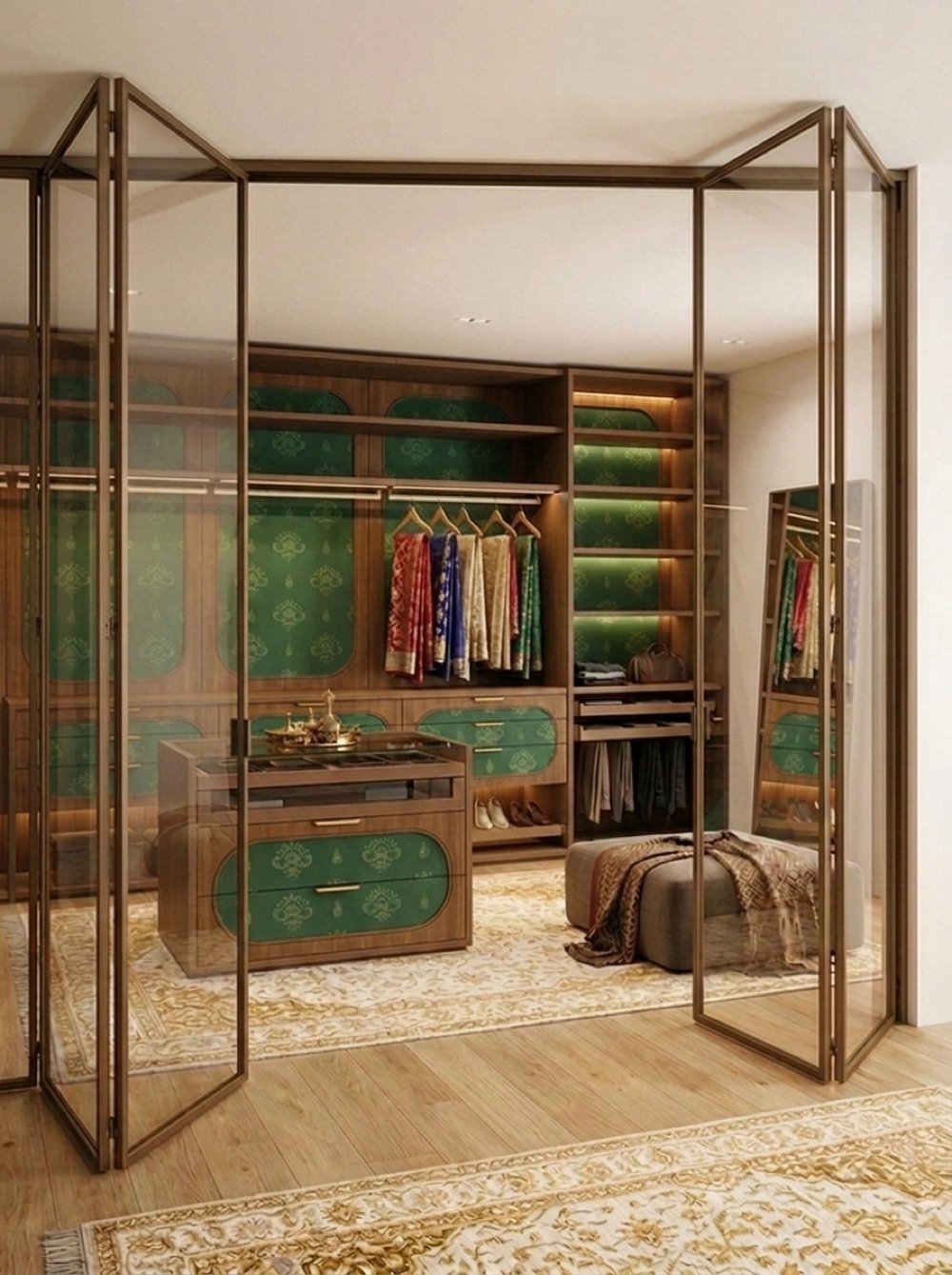 Walk-in wardrobe and dressing room with glass doors, sarees on display and a dressing island in Hyderabad