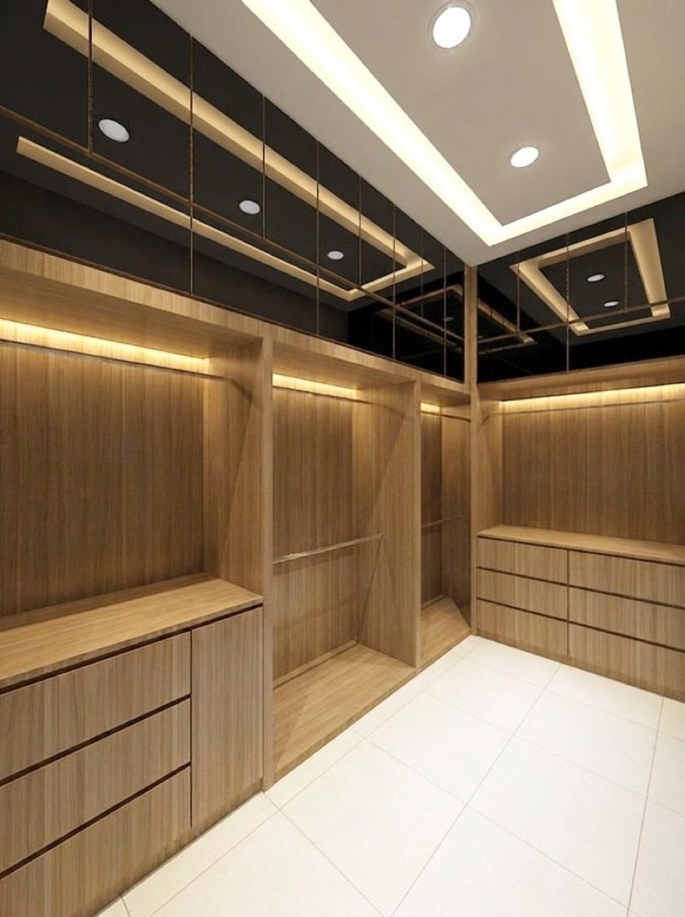 Wooden walk-in wardrobe with open shelving, drawers and LED lighting in Hyderabad