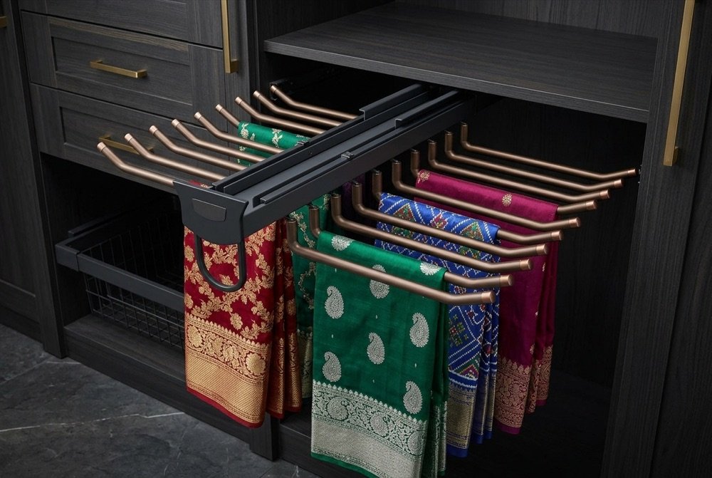 Wardrobe interior with a pull-out saree rack and drawers in Hyderabad